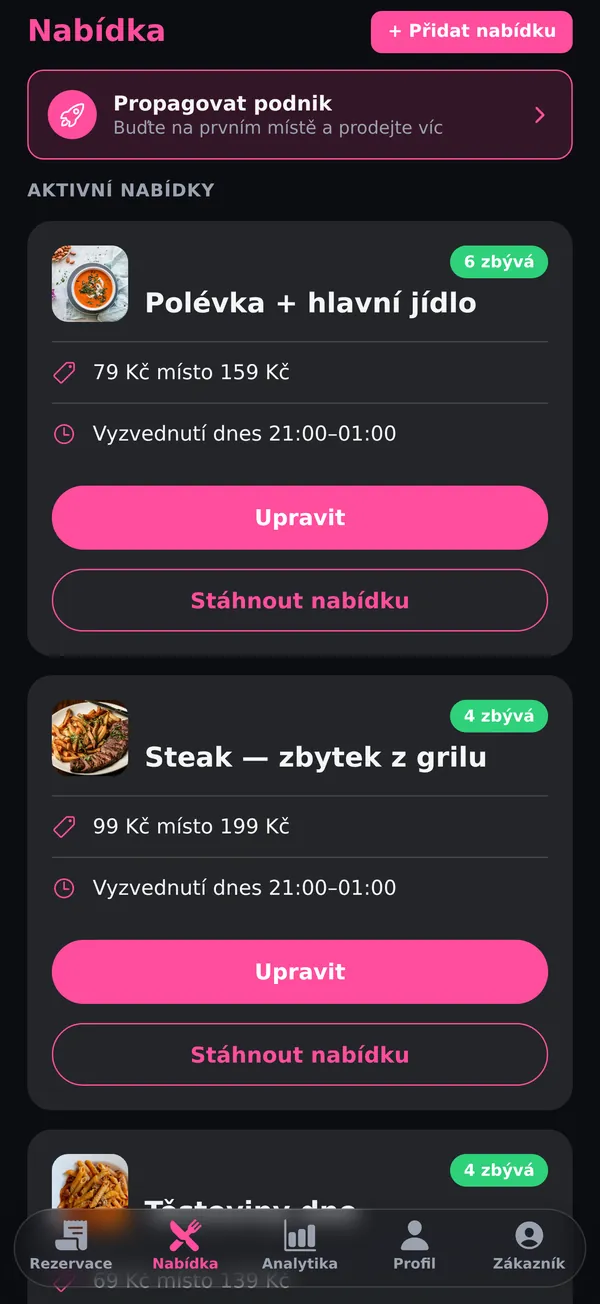 Seznam aktivních nabídek podniku s tlačítky Upravit a Stáhnout nabídku