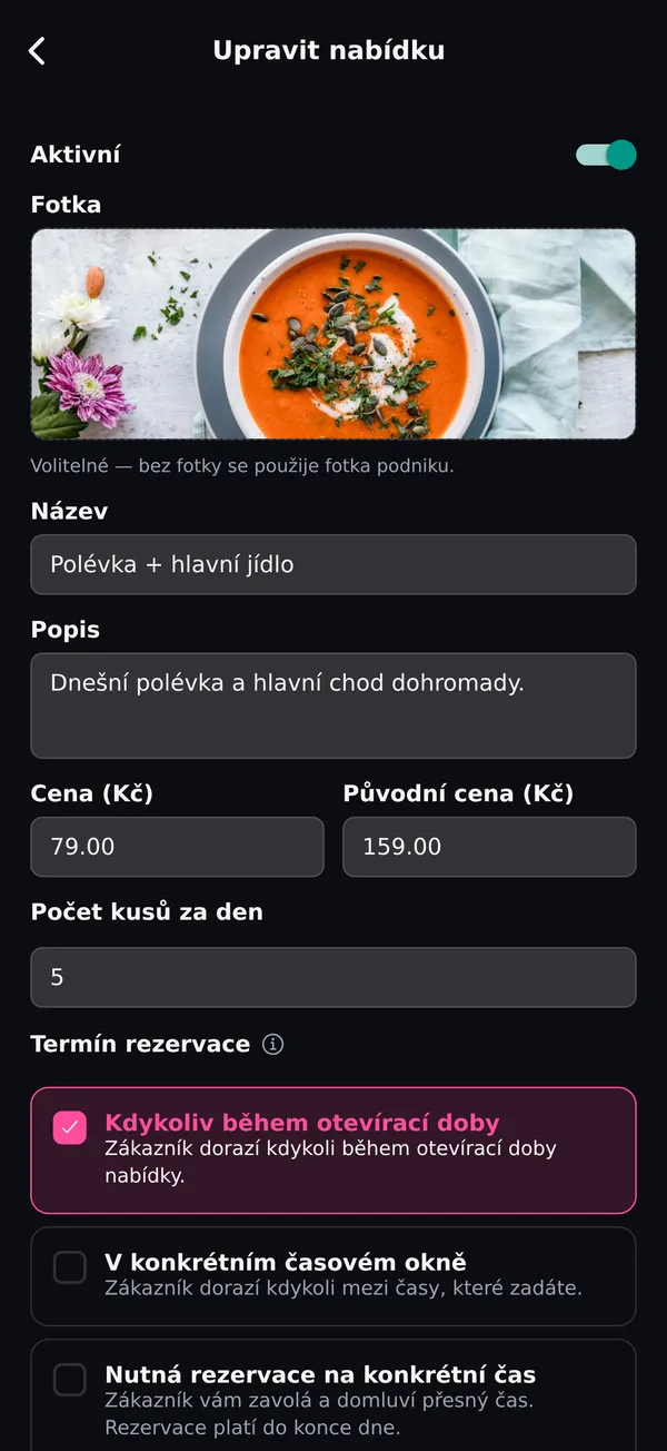 Úprava nabídky: fotka, název, cena, původní cena, počet kusů a termín rezervace