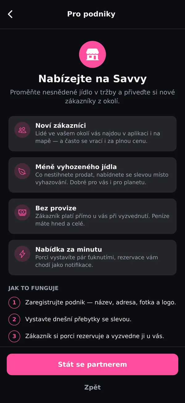 Obrazovka Pro podniky: Nabízejte na Savvy