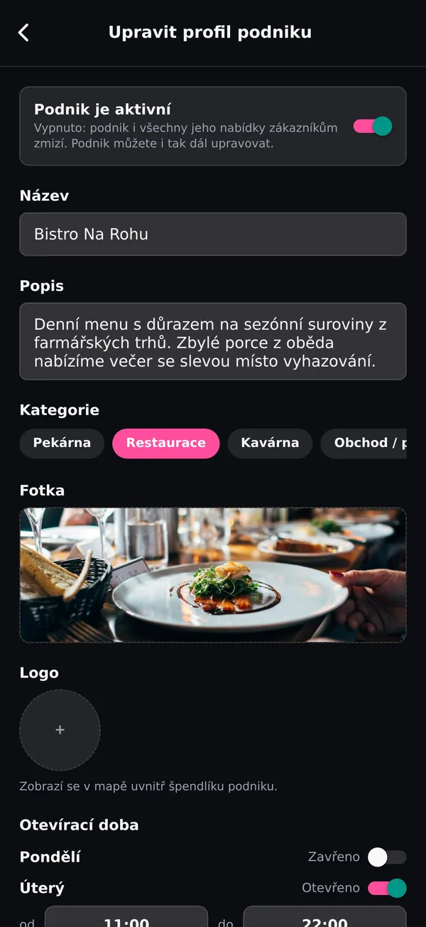 Úprava profilu podniku: popis, kategorie, fotka, logo a otevírací doba
