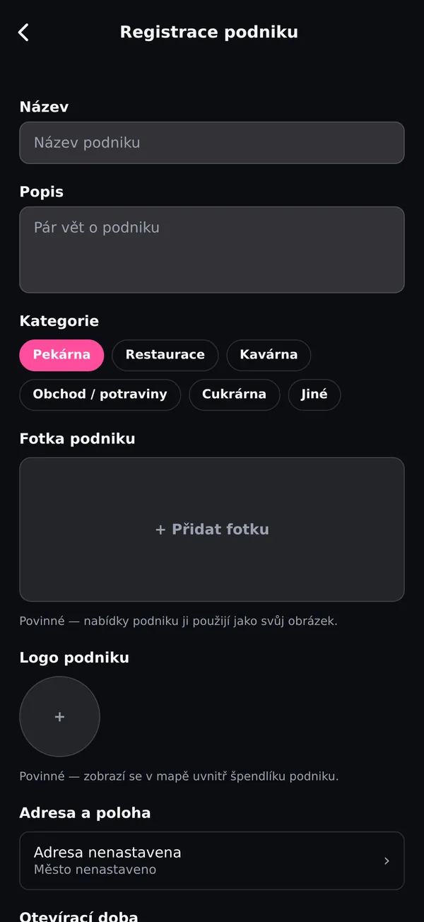 Formulář registrace podniku v aplikaci Savvy