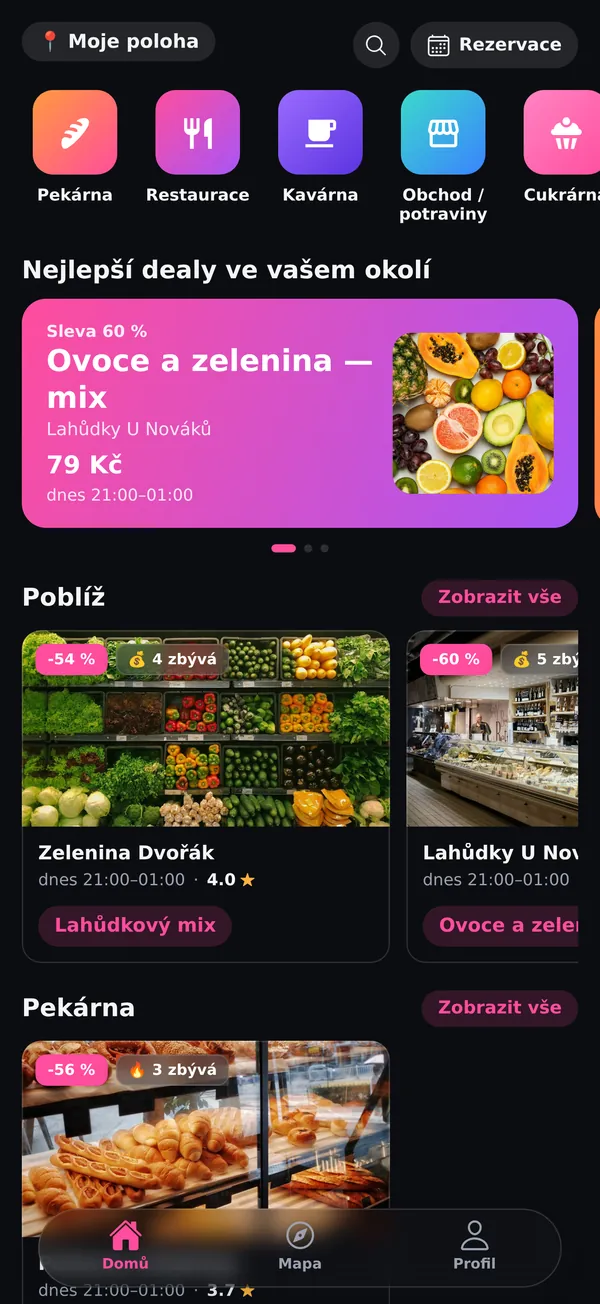 Úvodní obrazovka aplikace Savvy s kategoriemi a nabídkami v okolí