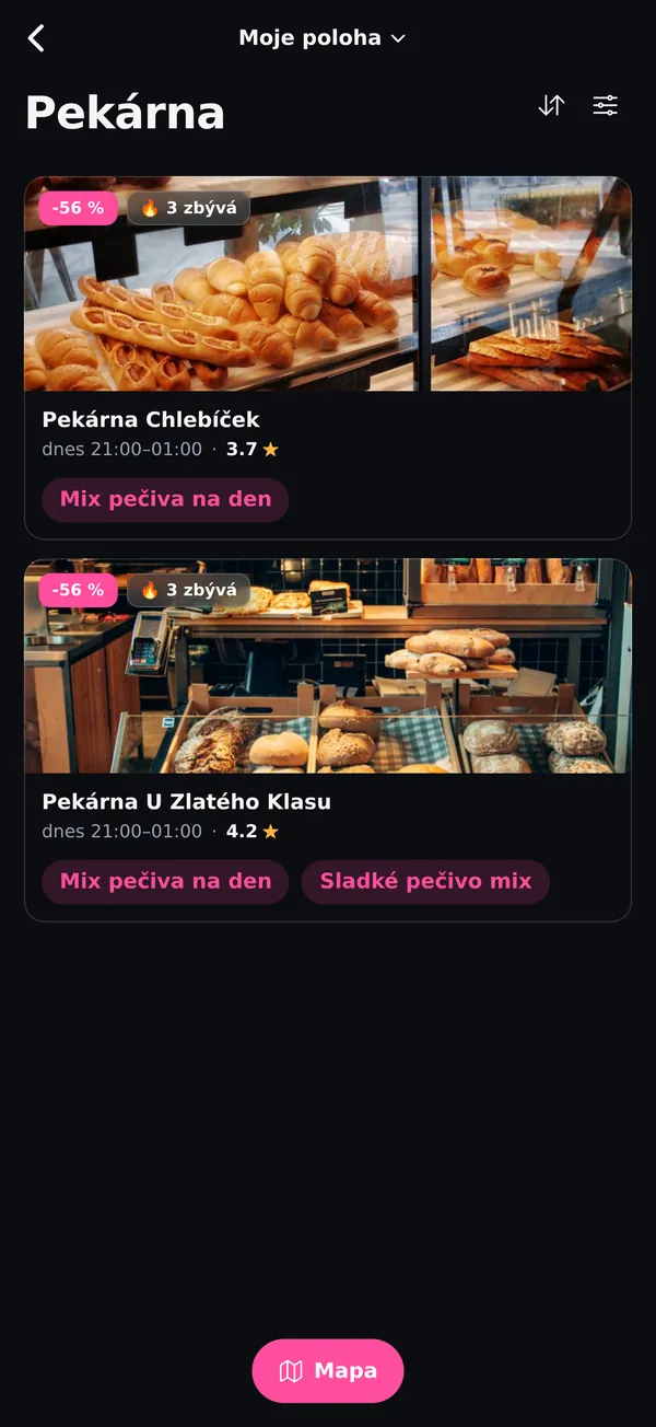 Seznam podniků v kategorii s nabídkami a přepínačem na mapu