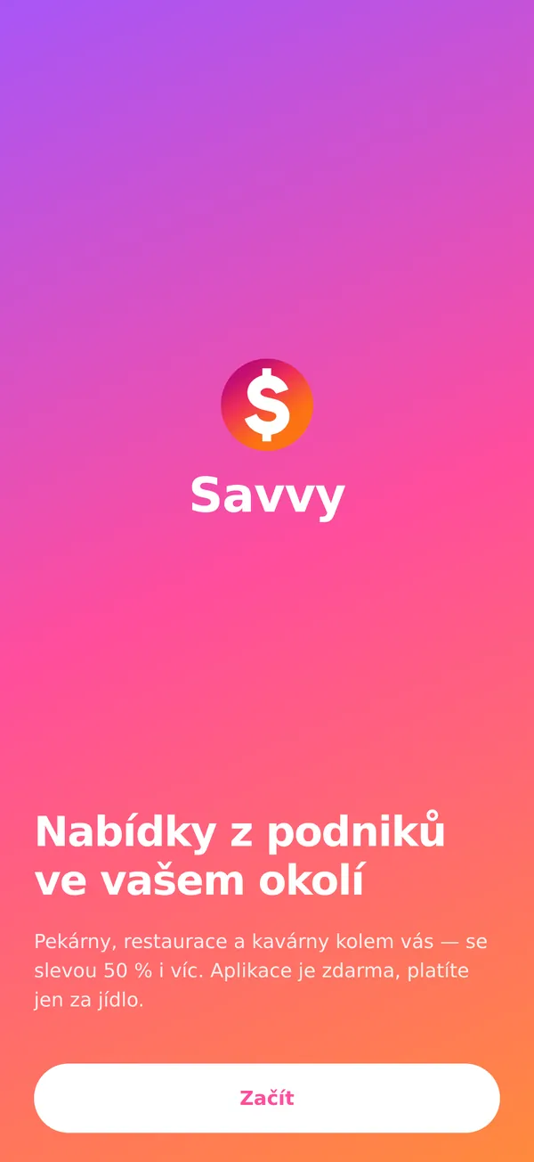 Úvodní obrazovka aplikace Savvy: Nabídky z podniků ve vašem okolí