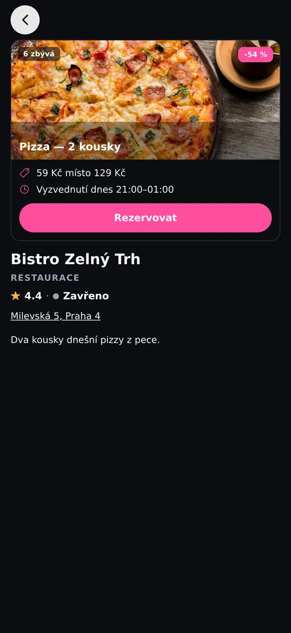 Detail nabídky pizzy s cenou po slevě a tlačítkem Rezervovat