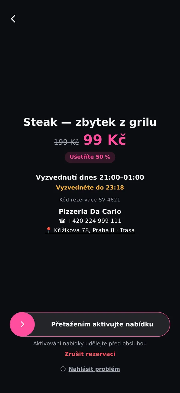 Aktivní rezervace s cenou, časem vyzvednutí a posuvným tlačítkem