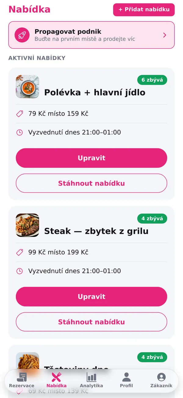 Seznam aktivních nabídek podniku s tlačítky Upravit a Stáhnout nabídku