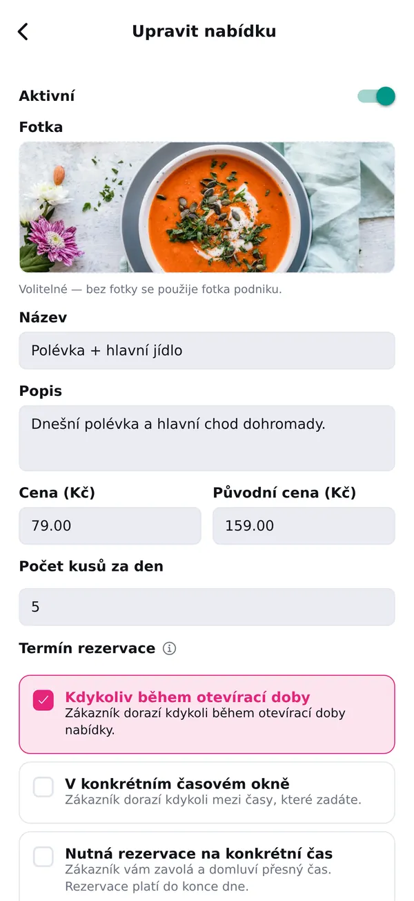 Úprava nabídky: fotka, název, cena, původní cena, počet kusů a termín rezervace