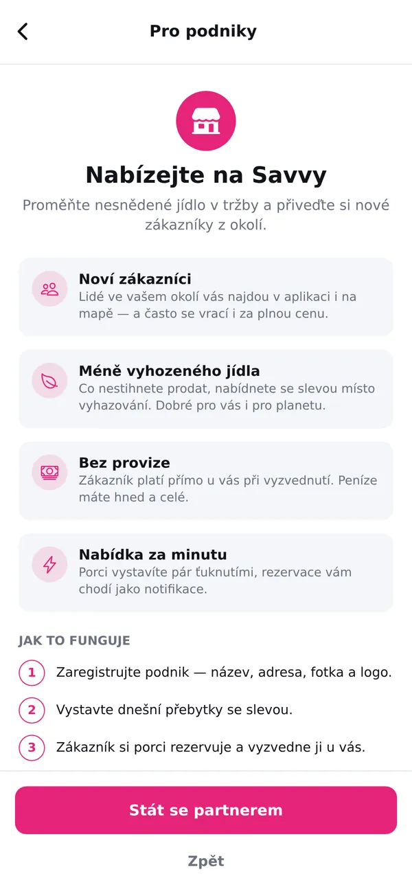 Obrazovka Pro podniky: Nabízejte na Savvy
