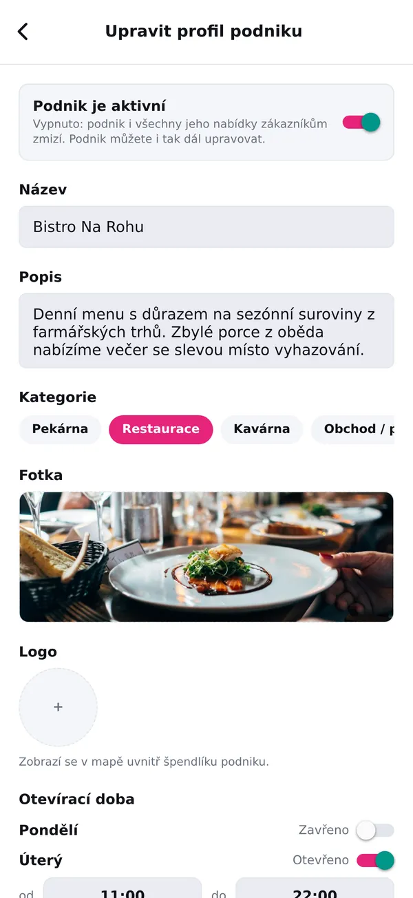 Úprava profilu podniku: popis, kategorie, fotka, logo a otevírací doba