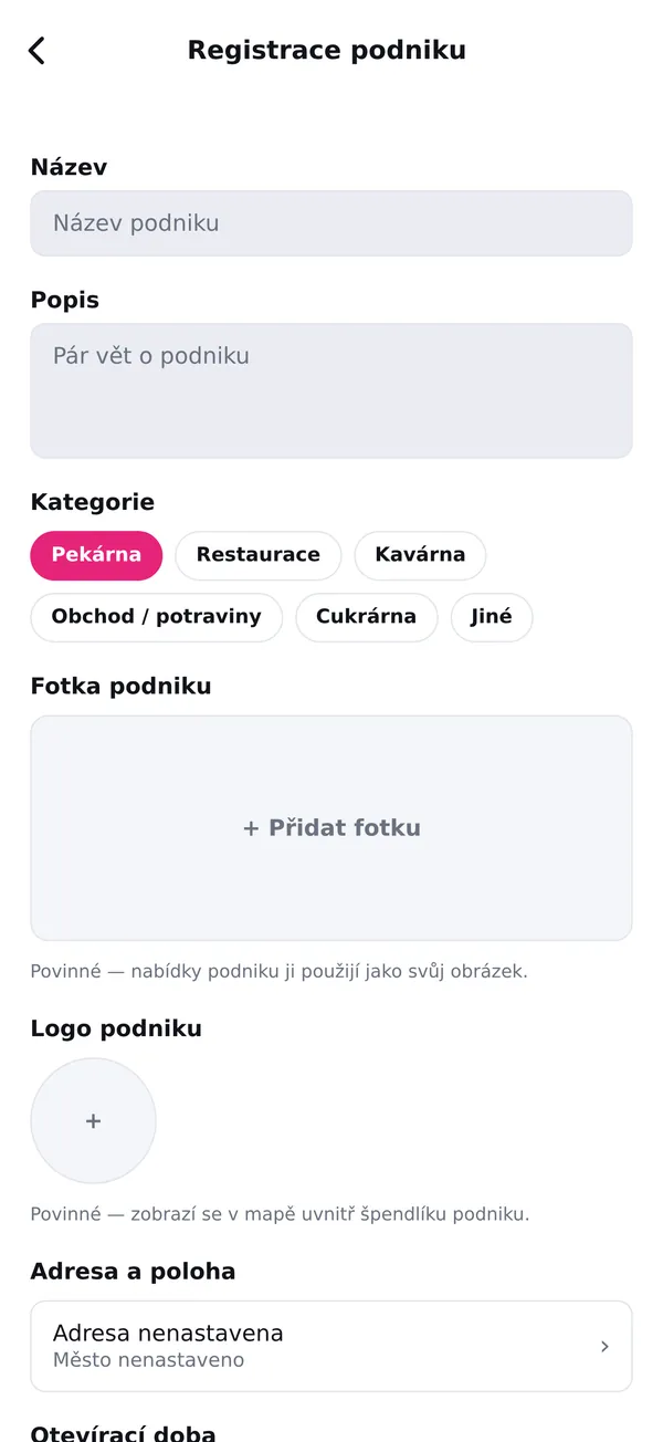 Formulář registrace podniku v aplikaci Savvy