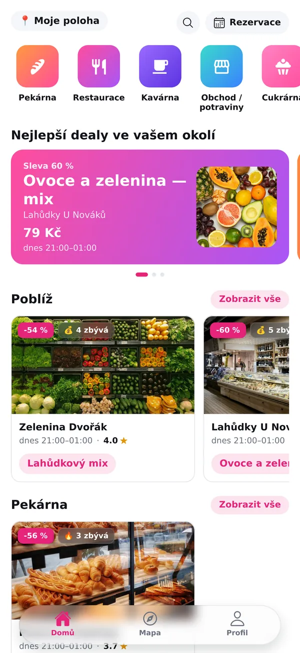Úvodní obrazovka aplikace Savvy s kategoriemi a nabídkami v okolí