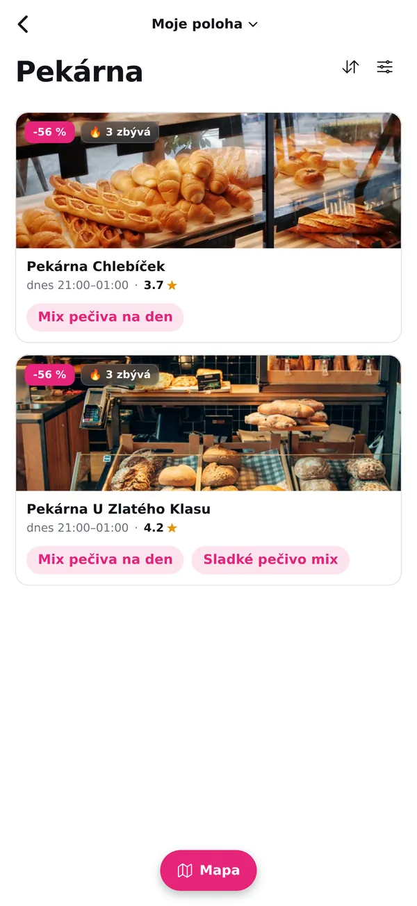 Seznam podniků v kategorii s nabídkami a přepínačem na mapu