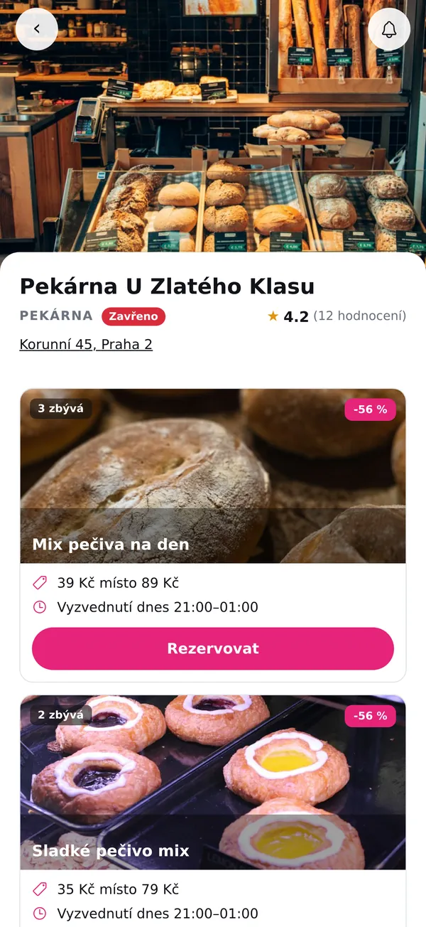 Profil pekárny s hodnocením, adresou a dnešními nabídkami