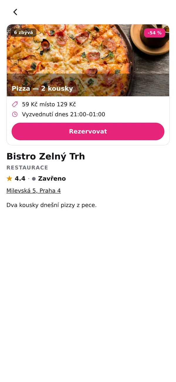 Detail nabídky pizzy s cenou po slevě a tlačítkem Rezervovat