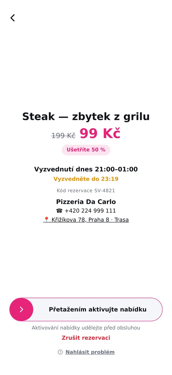 Aktivní rezervace s cenou, časem vyzvednutí a posuvným tlačítkem